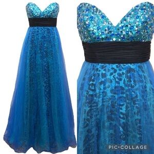Jovani Leopard Sequin Leopard Strapless Gown Formal Dress Size 0 Y2K Blue Green